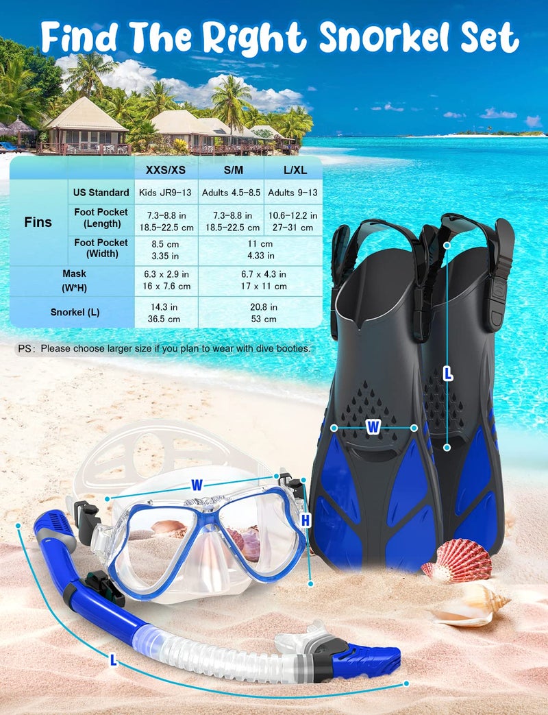 Zenoplige Mask Fins Snorkel Set, Snorkeling Gear for Adults, Panoramic View Snorkel Mask Anti-Fog, Adjustable Dive Flippers, Dry Top Snorkel and Travel Bag, Scuba Gear for Swimming Snorkeling Diving - Image 5